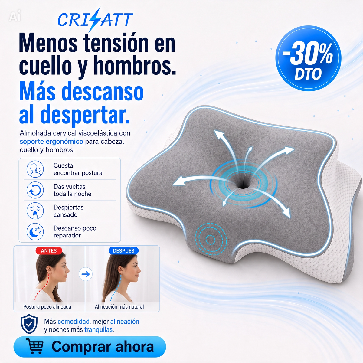 Almohada viscolástica |adiós dolor cervical| WATTCH™