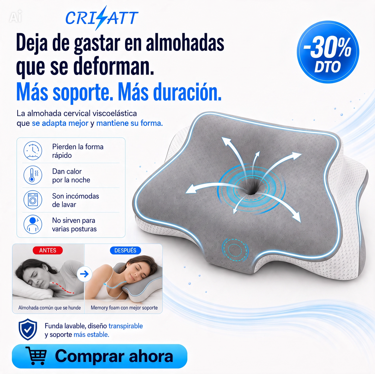 Almohada viscolástica |adiós dolor cervical| WATTCH™